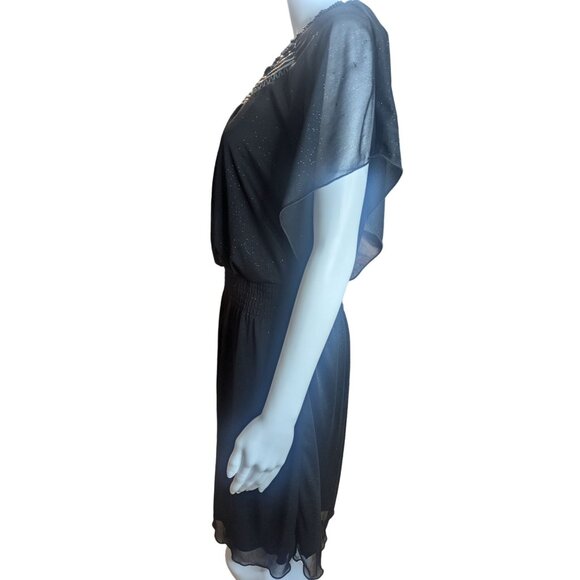 BCX Black Sparkle Beaded Neckline Dress With Flutter Sleeves SZ L Cocktail/Party - Picture 4 of 12